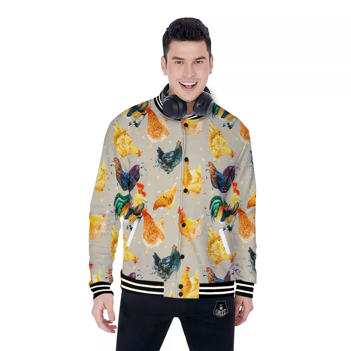 Rooster Watercolor Print Pattern Baseball Jacket-grizzshop
