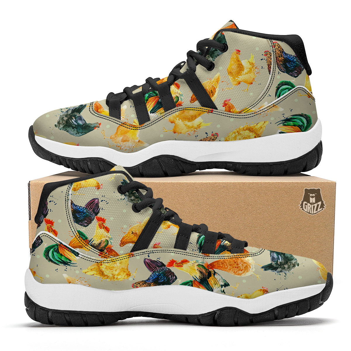 Rooster Watercolor Print Pattern Black Bball Shoes-grizzshop