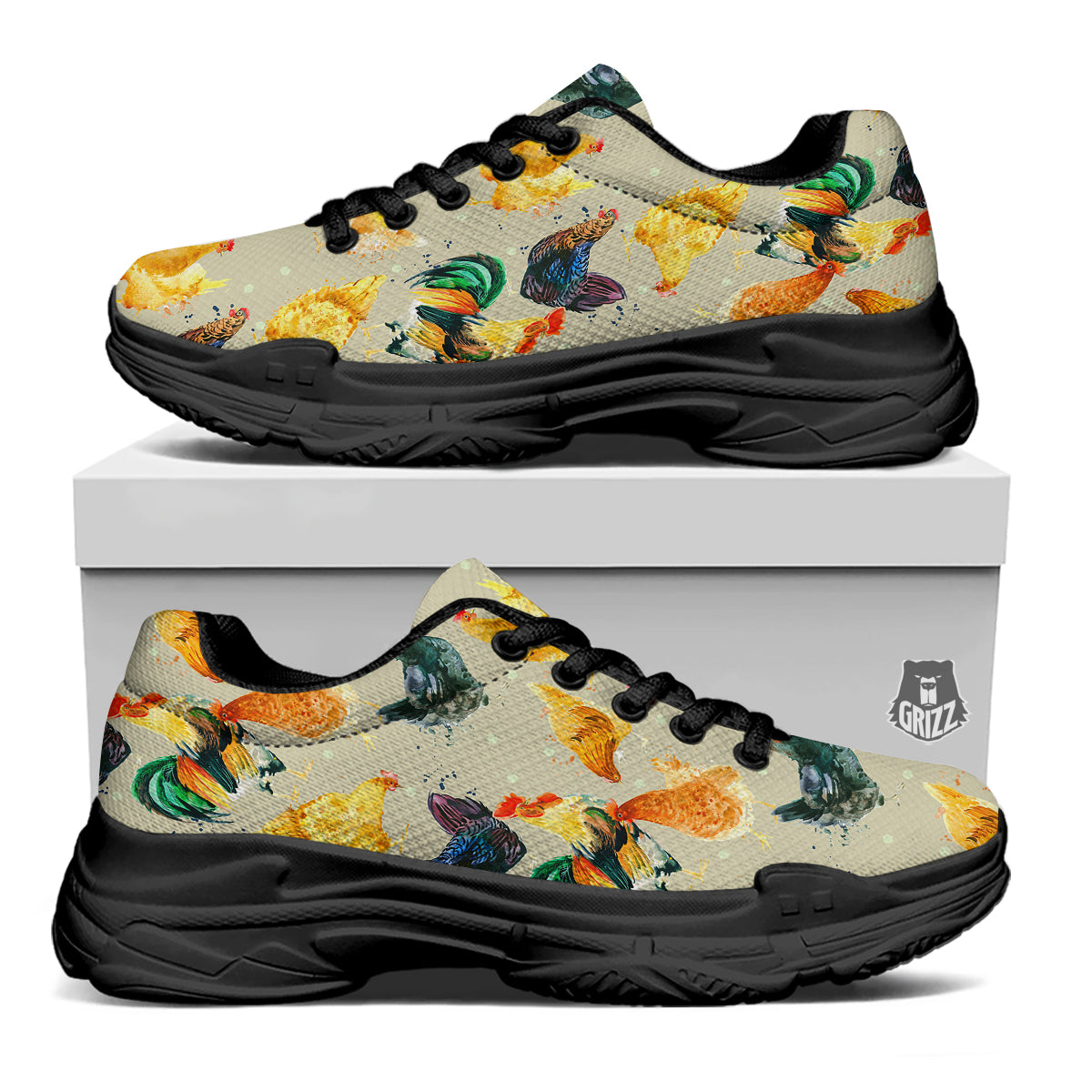 Rooster Watercolor Print Pattern Black Chunky Shoes-grizzshop