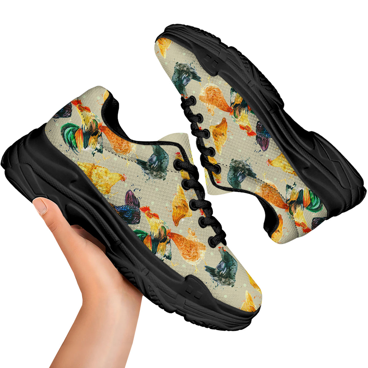 Rooster Watercolor Print Pattern Black Chunky Shoes-grizzshop