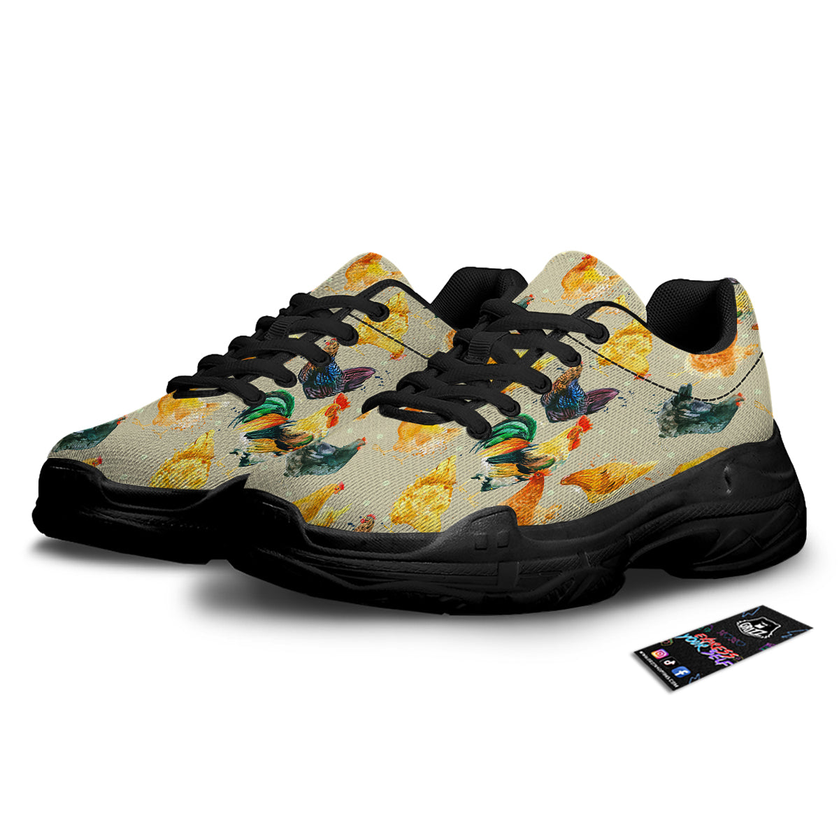 Rooster Watercolor Print Pattern Black Chunky Shoes-grizzshop