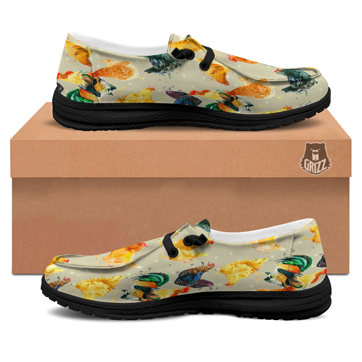 Rooster Watercolor Print Pattern Black Loafers-grizzshop