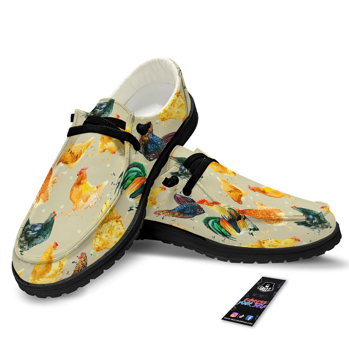 Rooster Watercolor Print Pattern Black Loafers-grizzshop