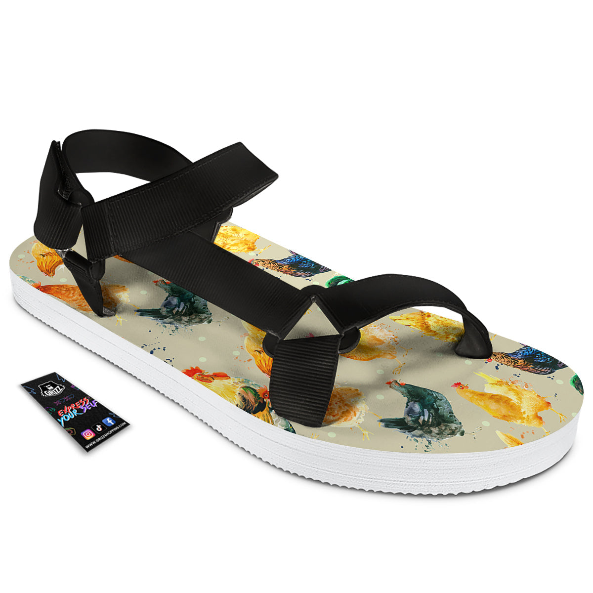 Rooster Watercolor Print Pattern Black Open Toe Sandals-grizzshop