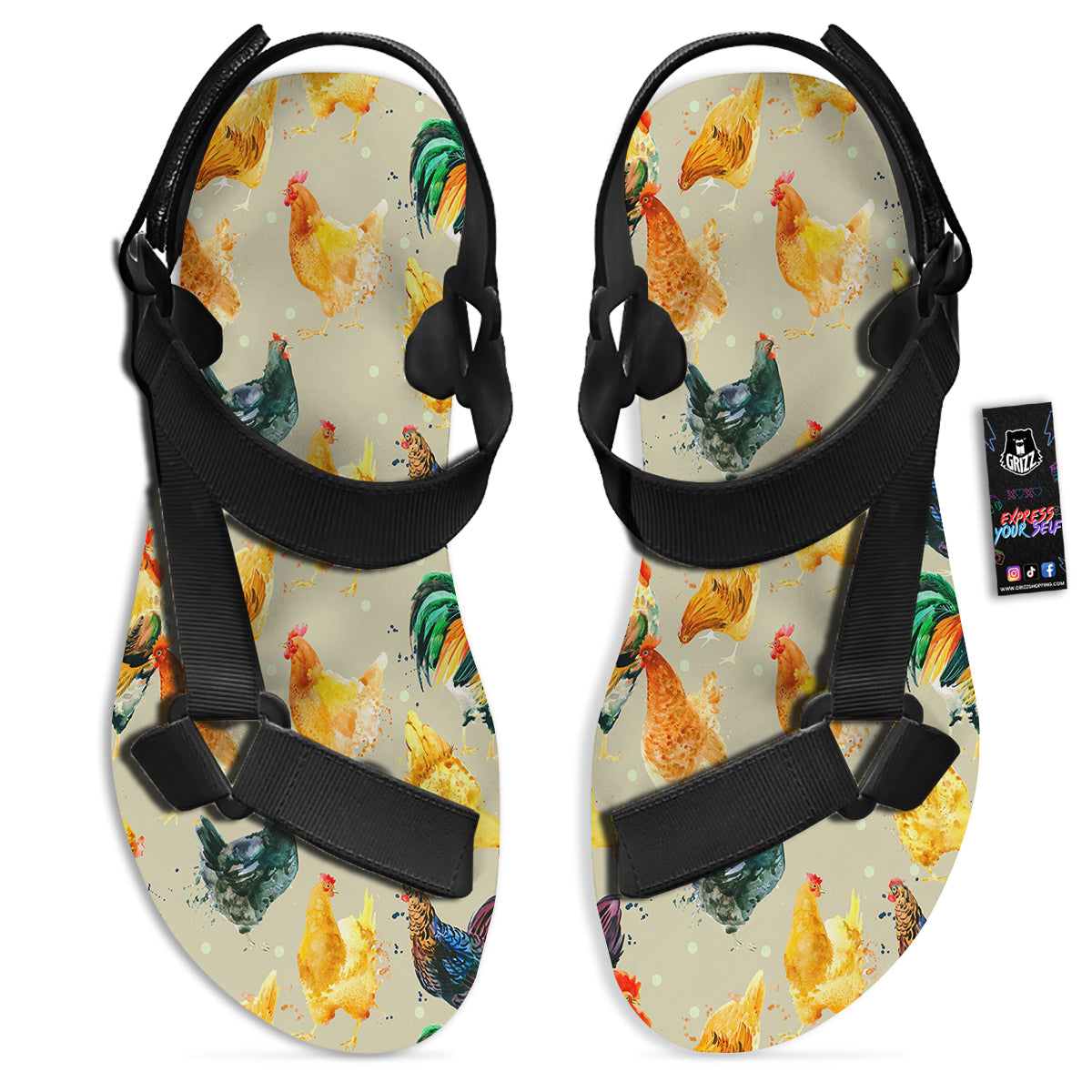 Rooster Watercolor Print Pattern Black Open Toe Sandals-grizzshop