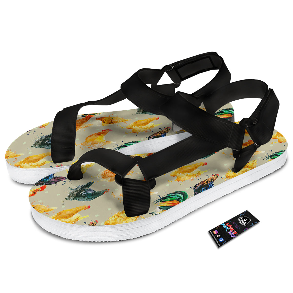 Rooster Watercolor Print Pattern Black Open Toe Sandals-grizzshop