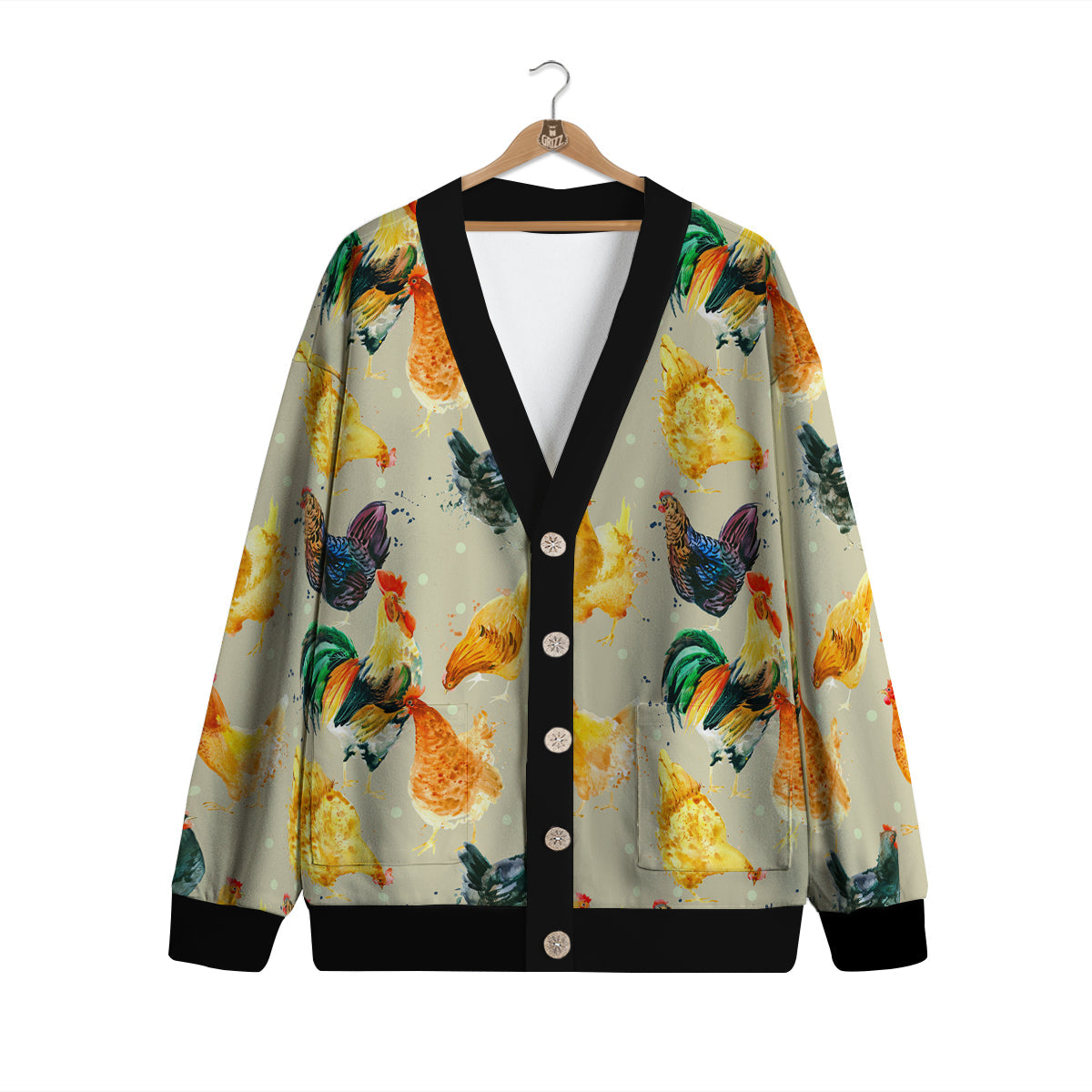 Rooster Watercolor Print Pattern Cardigan-grizzshop