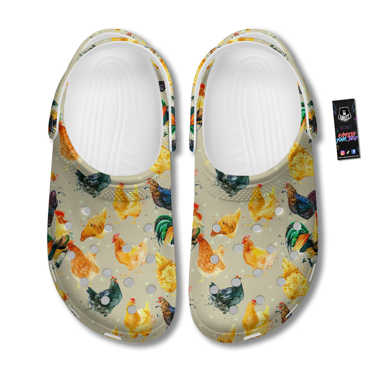 Rooster Watercolor Print Pattern Clog-grizzshop