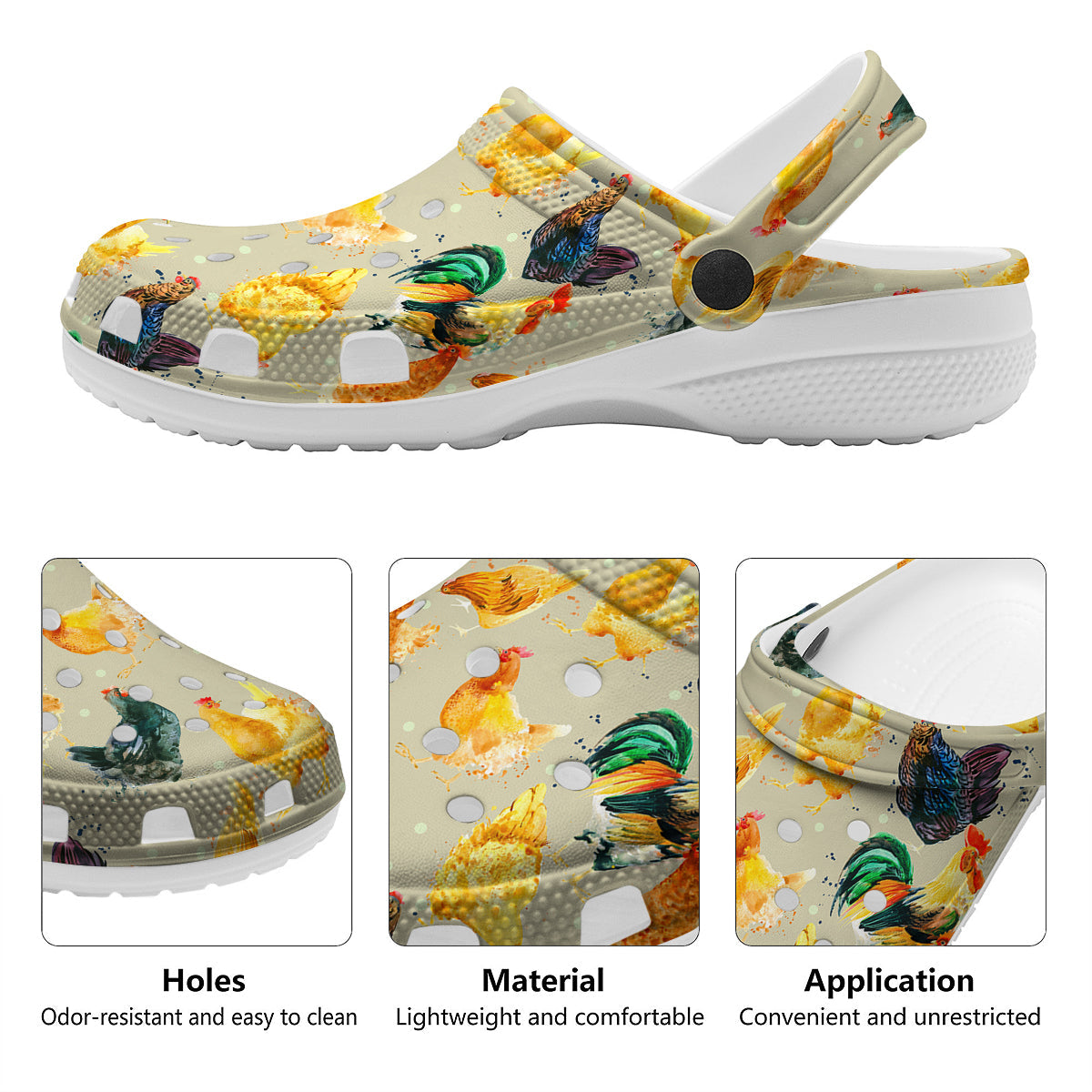 Rooster Watercolor Print Pattern Clog-grizzshop