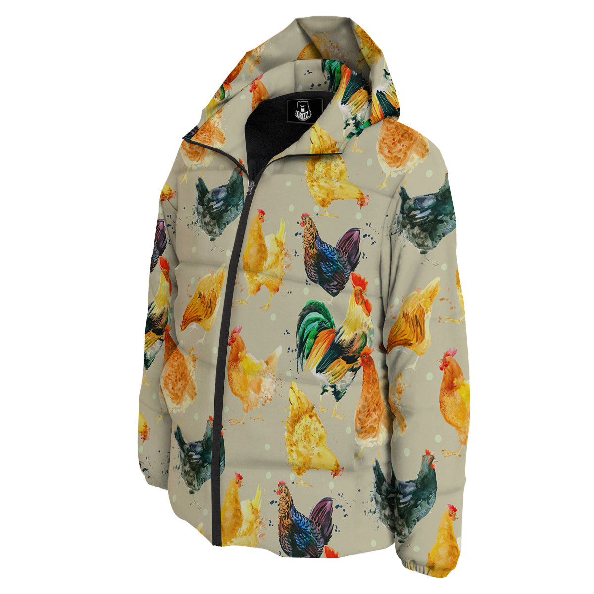 Rooster Watercolor Print Pattern Down Jacket-grizzshop