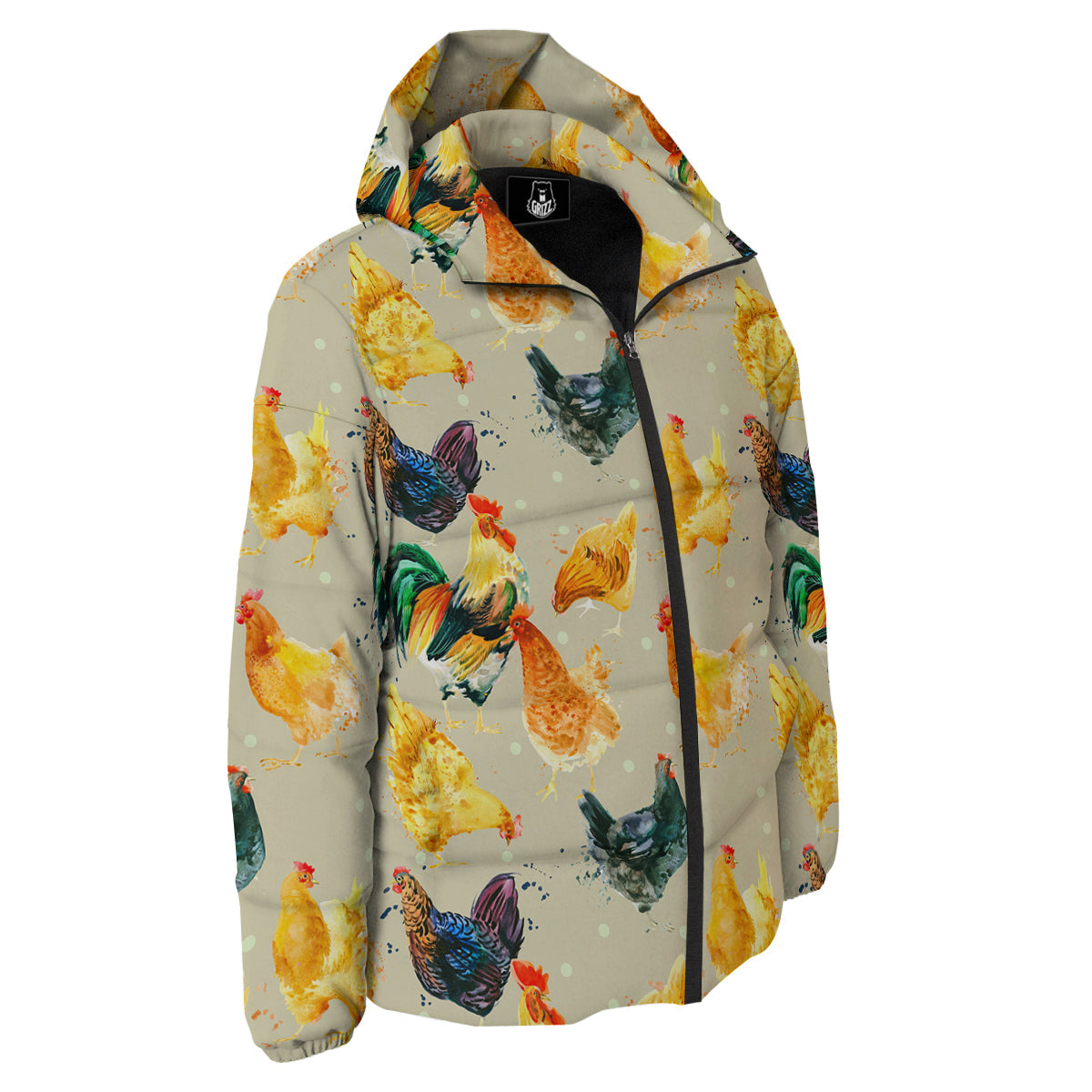 Rooster Watercolor Print Pattern Down Jacket-grizzshop