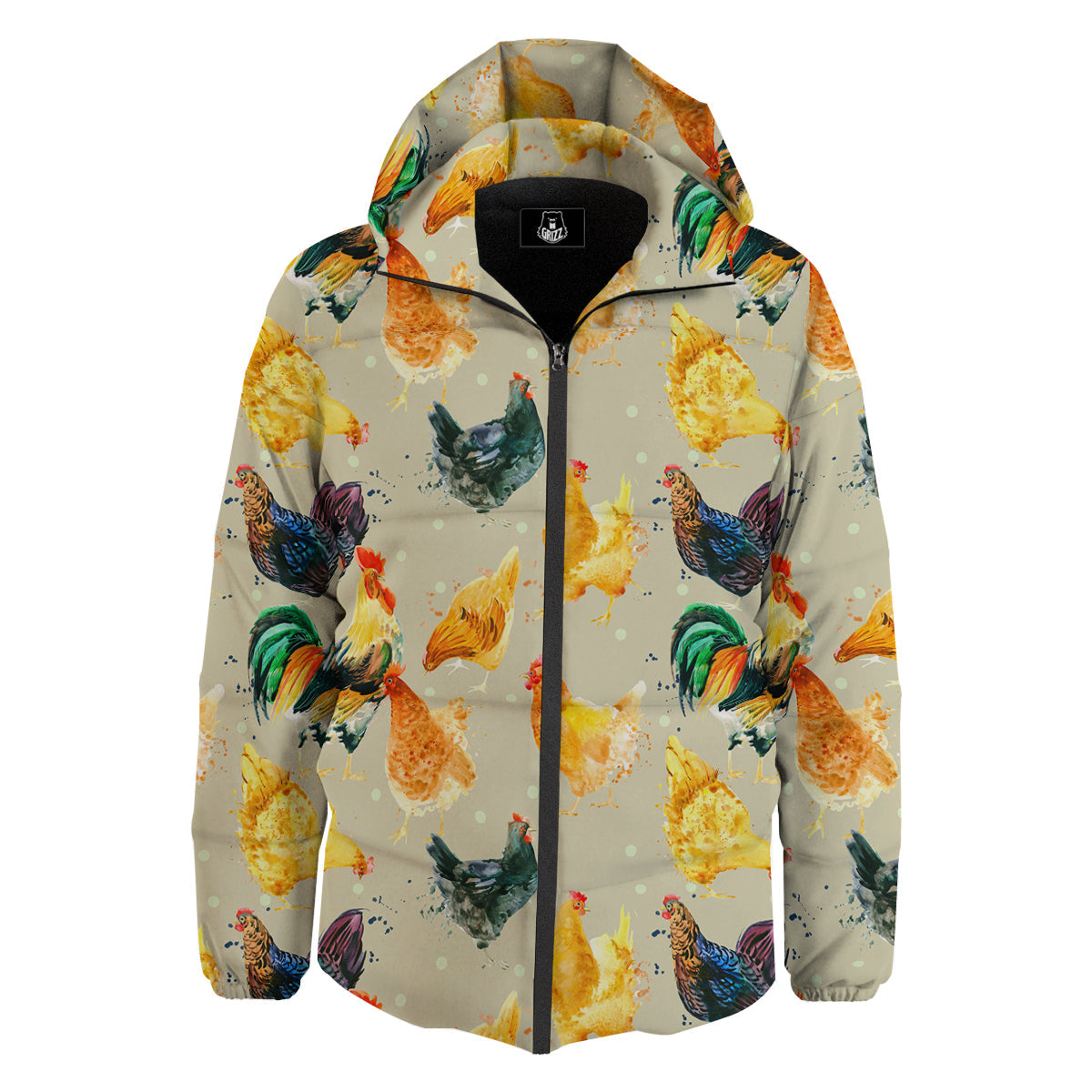 Rooster Watercolor Print Pattern Down Jacket-grizzshop