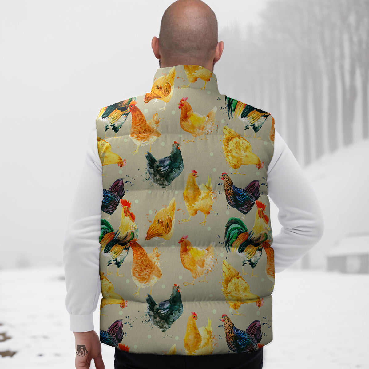 Rooster Watercolor Print Pattern Down Vest