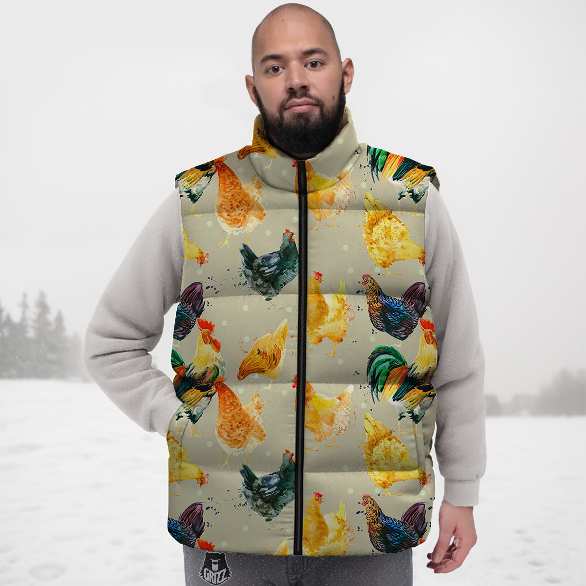 Rooster Watercolor Print Pattern Down Vest