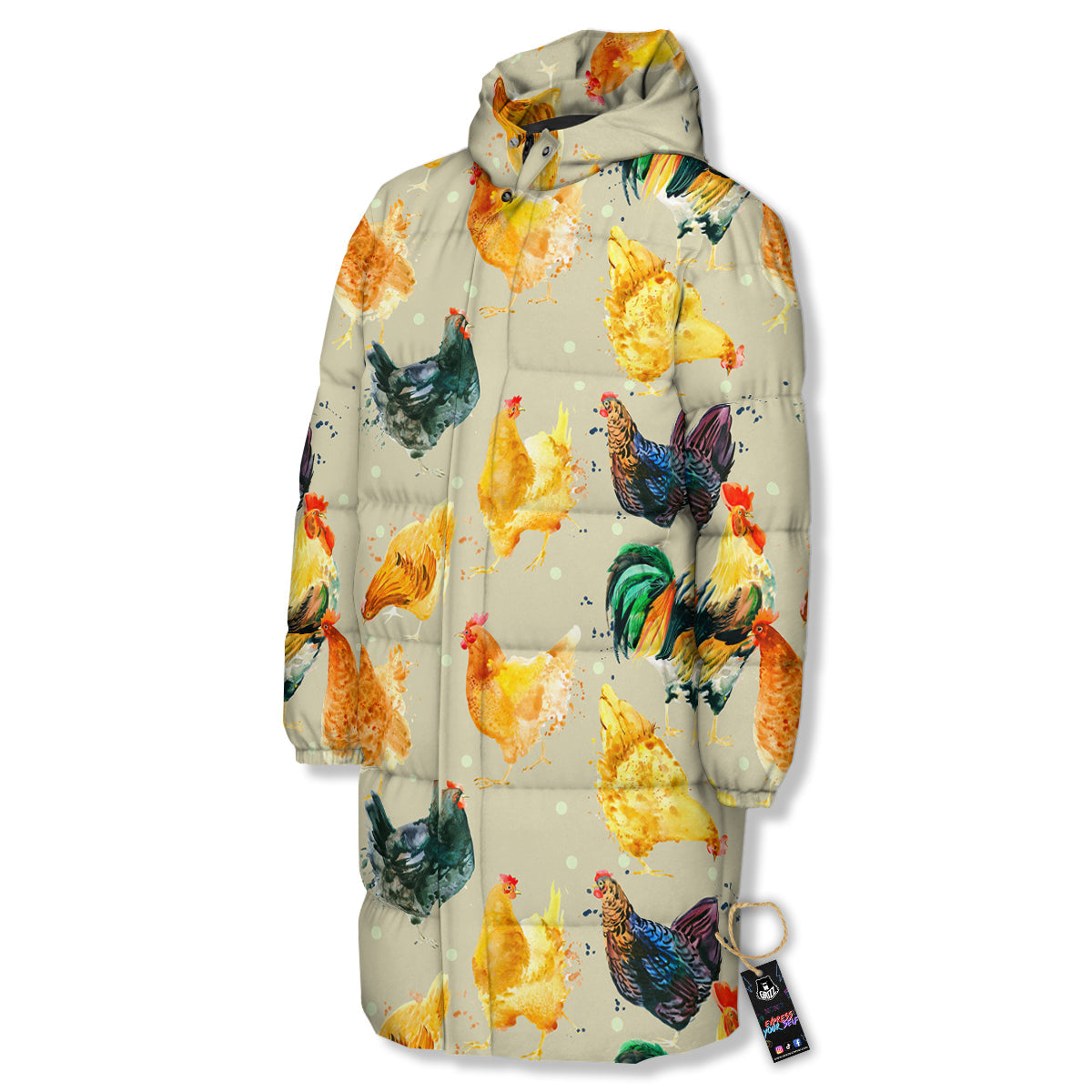 Rooster Watercolor Print Pattern Long Down Jacket-grizzshop