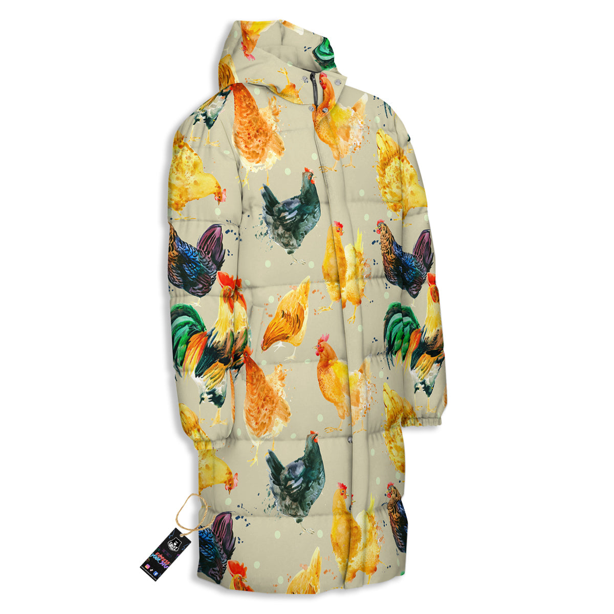 Rooster Watercolor Print Pattern Long Down Jacket-grizzshop