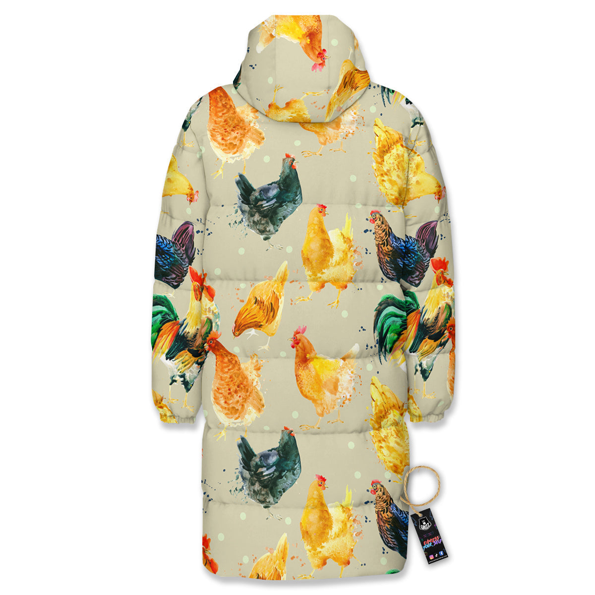 Rooster Watercolor Print Pattern Long Down Jacket-grizzshop