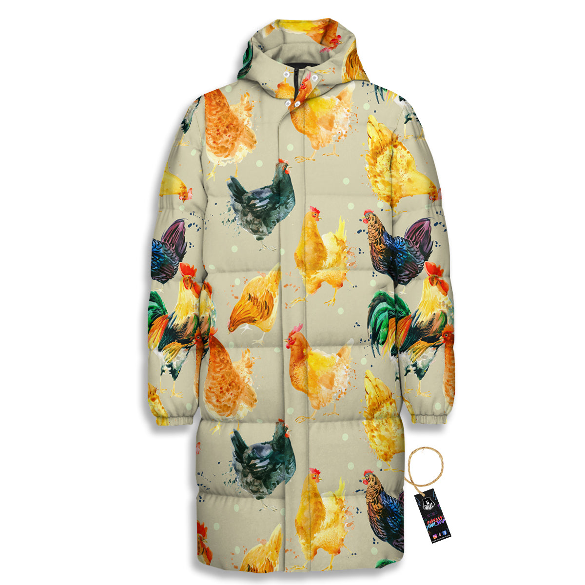 Rooster Watercolor Print Pattern Long Down Jacket-grizzshop