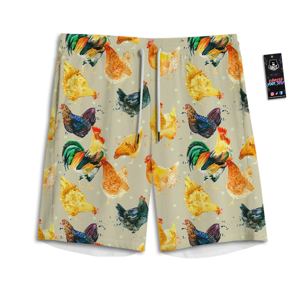 Rooster Watercolor Print Pattern Men's Athletic Shorts