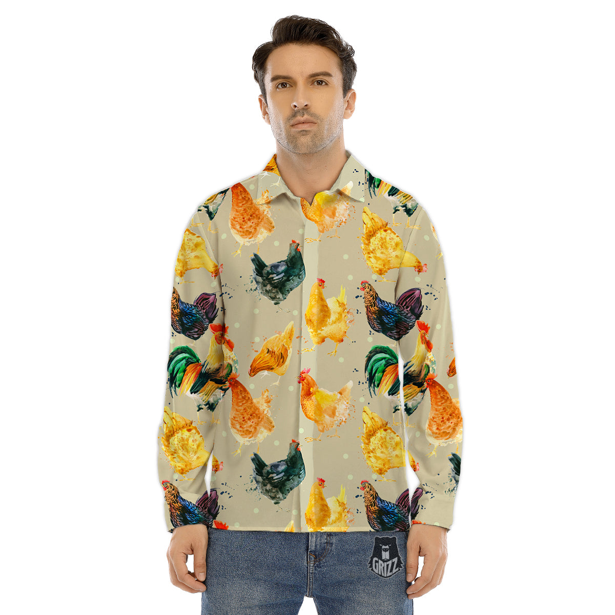 Rooster Watercolor Print Pattern Men's Dress Shirts-grizzshop