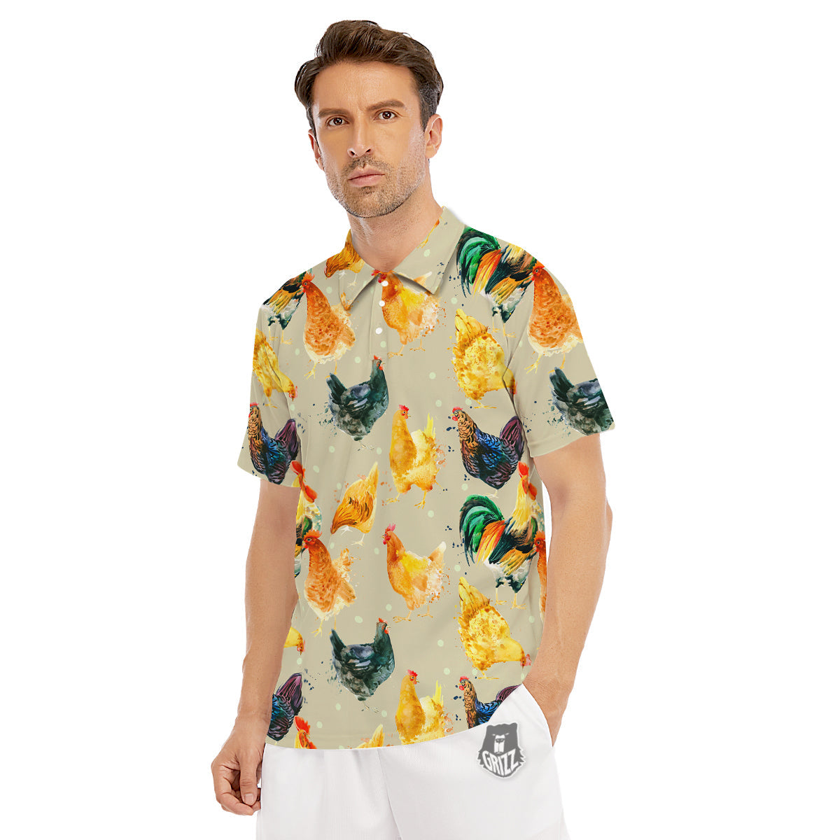 Rooster Watercolor Print Pattern Men's Golf Shirts-grizzshop