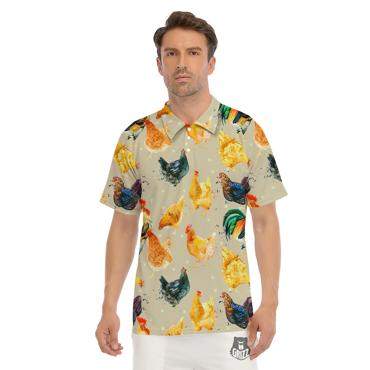 Rooster Watercolor Print Pattern Men's Golf Shirts-grizzshop