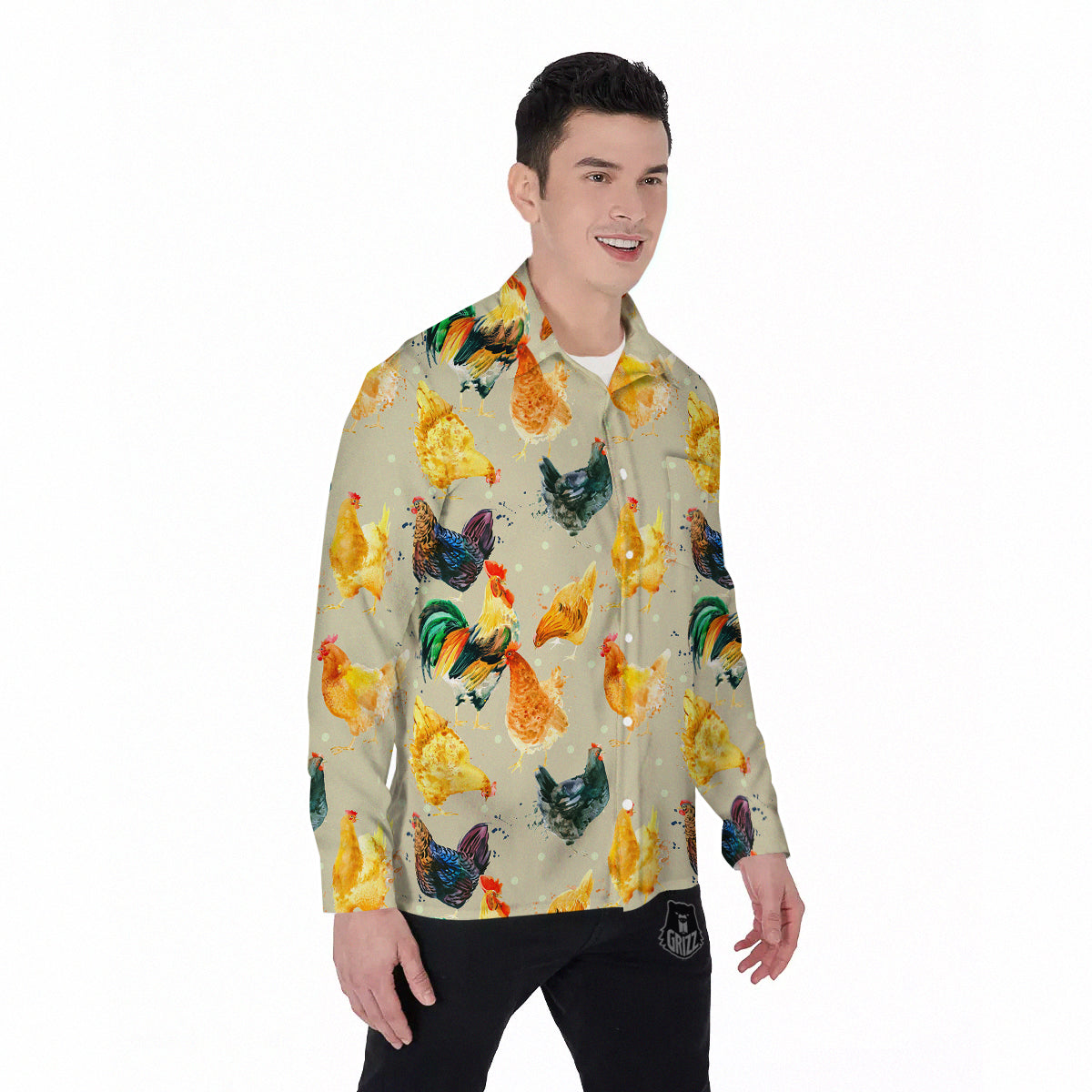 Rooster Watercolor Print Pattern Men's Long Sleeve Shirts-grizzshop