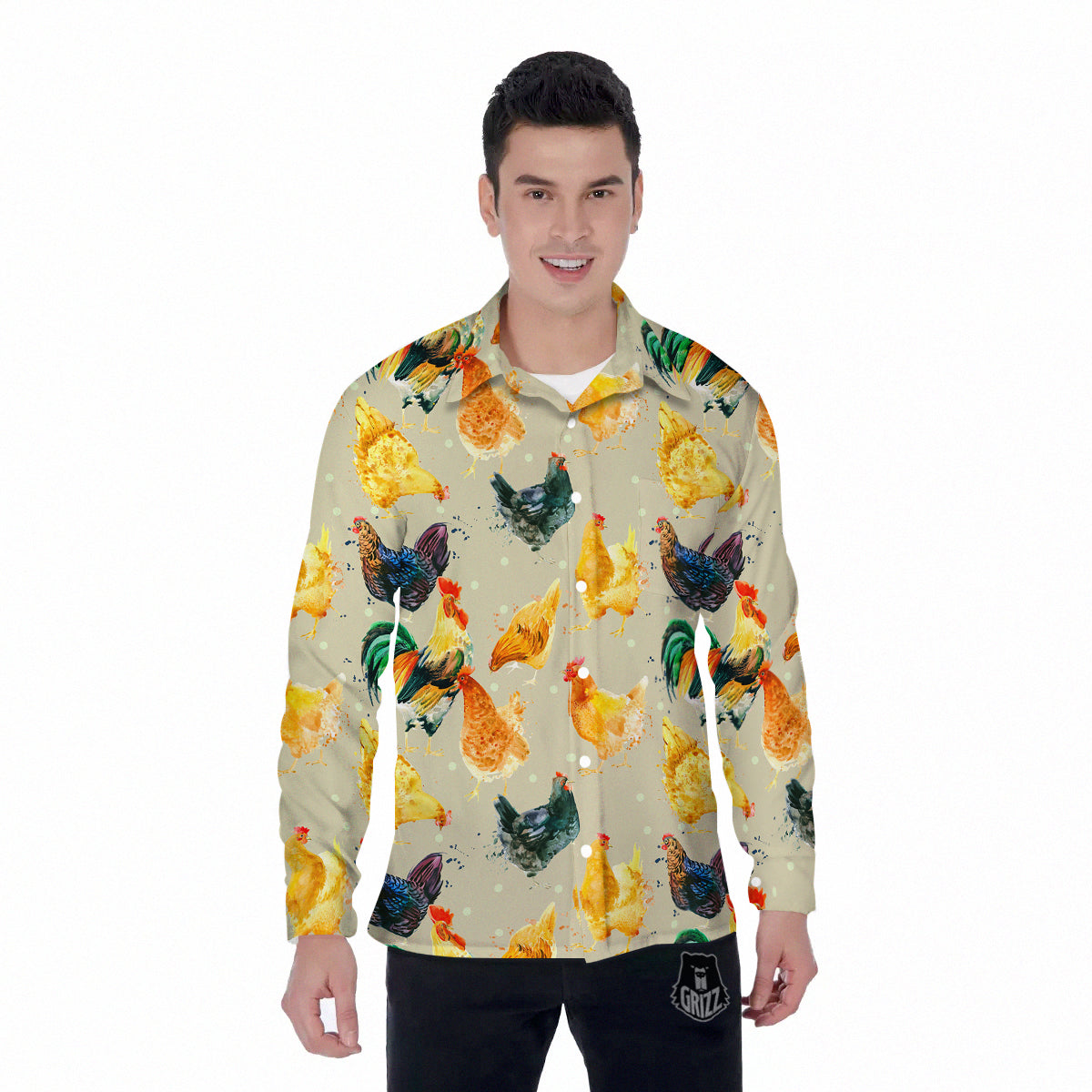 Rooster Watercolor Print Pattern Men's Long Sleeve Shirts-grizzshop