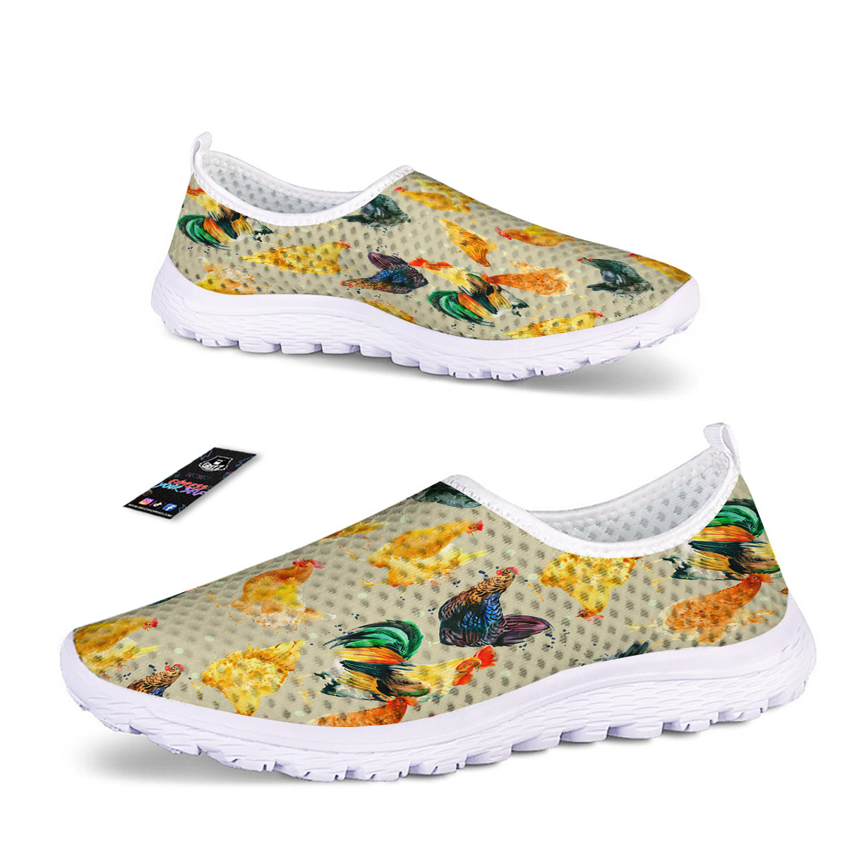 Rooster Watercolor Print Pattern Nurse Shoes-grizzshop