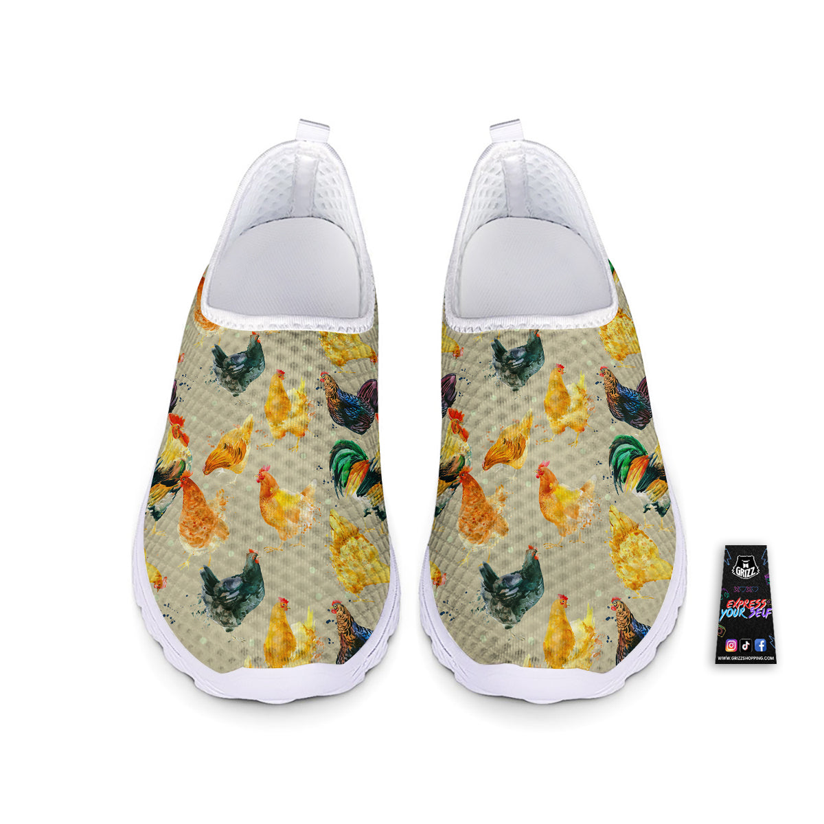 Rooster Watercolor Print Pattern Nurse Shoes-grizzshop