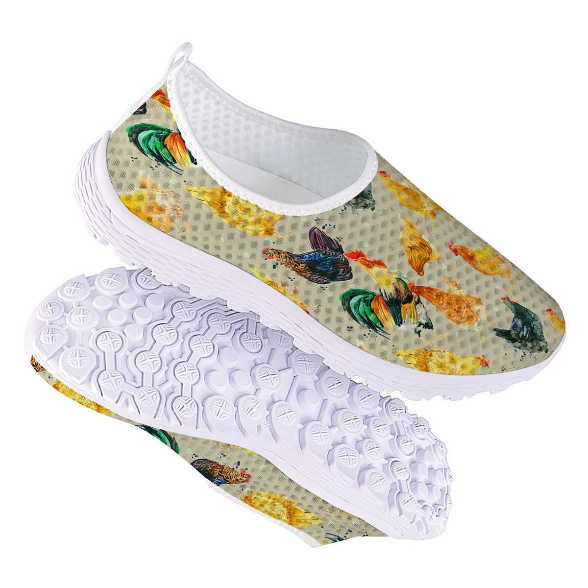 Rooster Watercolor Print Pattern Nurse Shoes-grizzshop