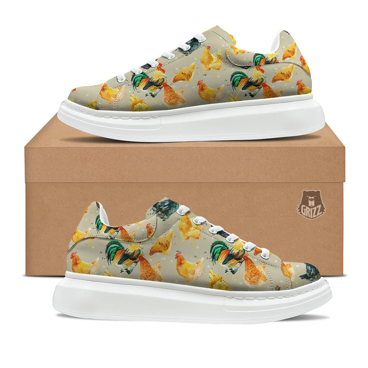 Rooster Watercolor Print Pattern Platform Shoes-grizzshop
