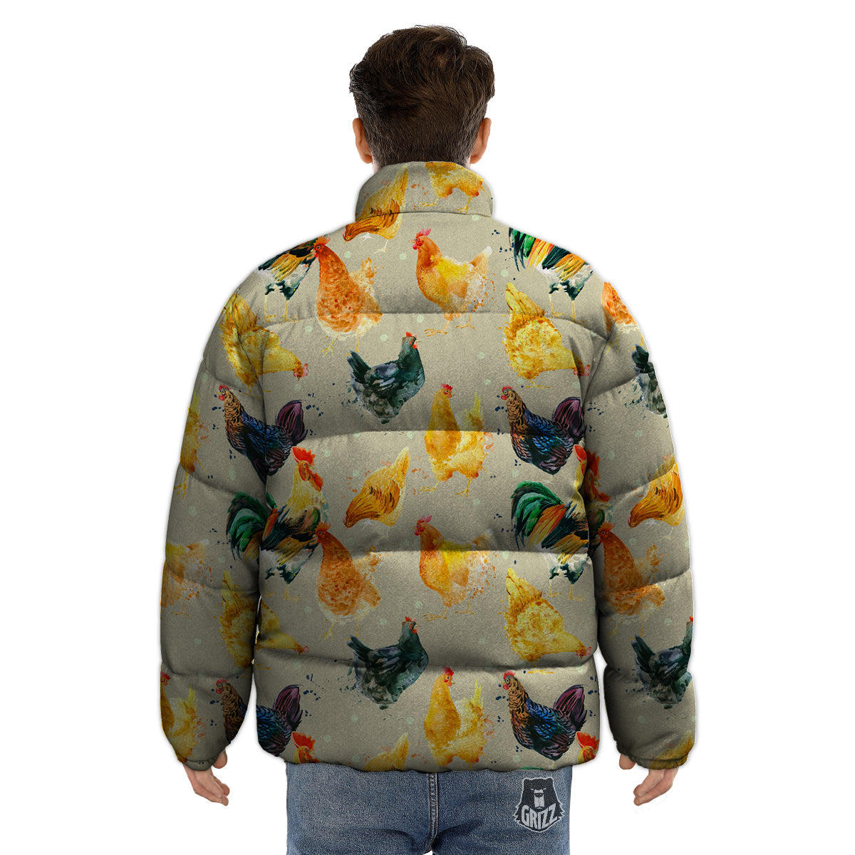 Rooster Watercolor Print Pattern Puffer Jacket-grizzshop