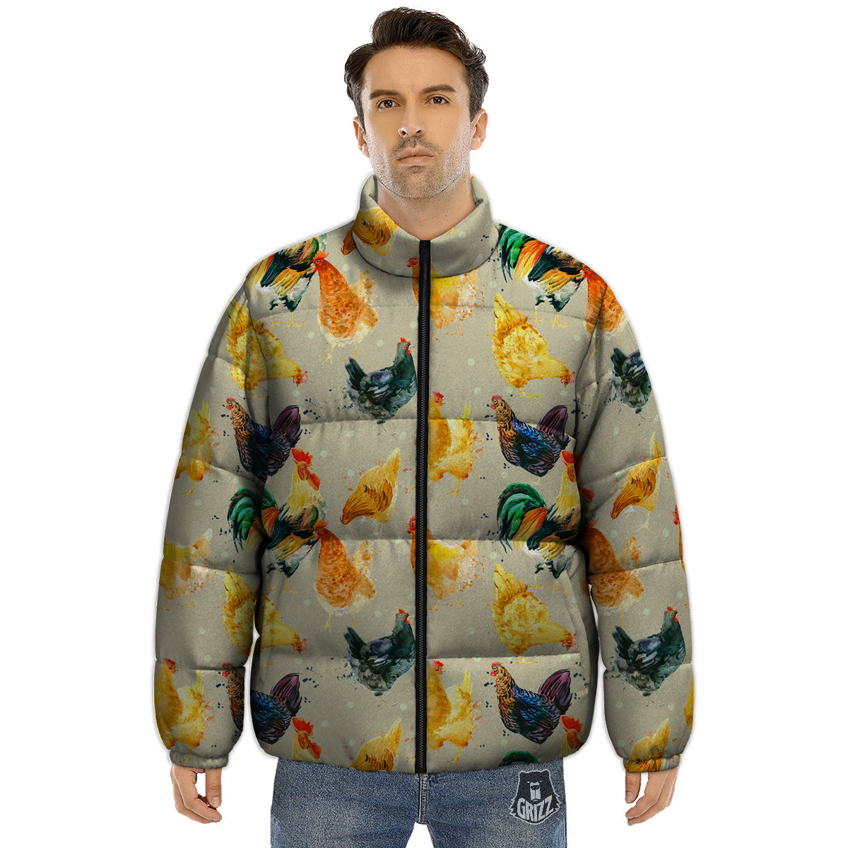 Rooster Watercolor Print Pattern Puffer Jacket-grizzshop