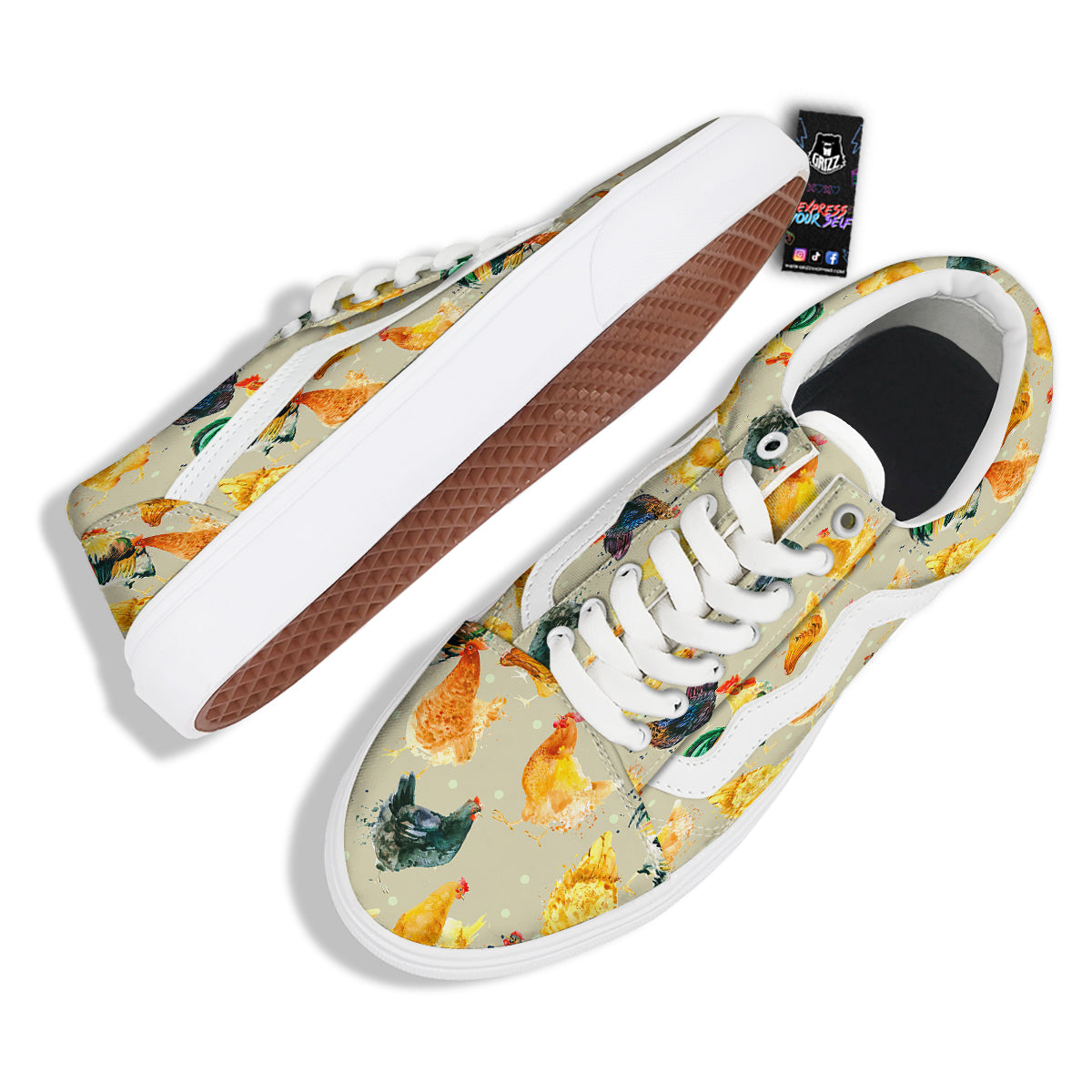 Rooster Watercolor Print Pattern Skate Shoes-grizzshop
