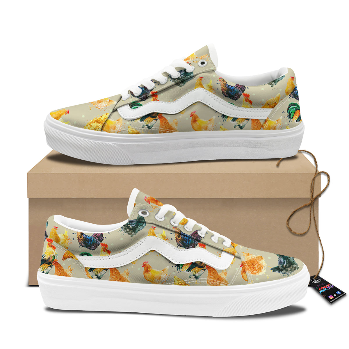 Rooster Watercolor Print Pattern Skate Shoes-grizzshop