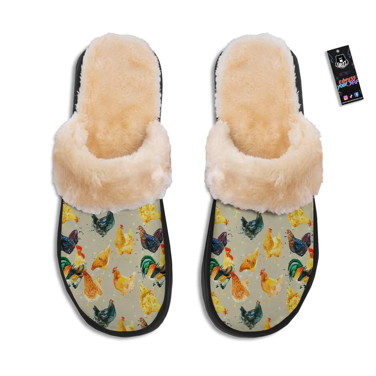 Rooster Watercolor Print Pattern Slippers-grizzshop