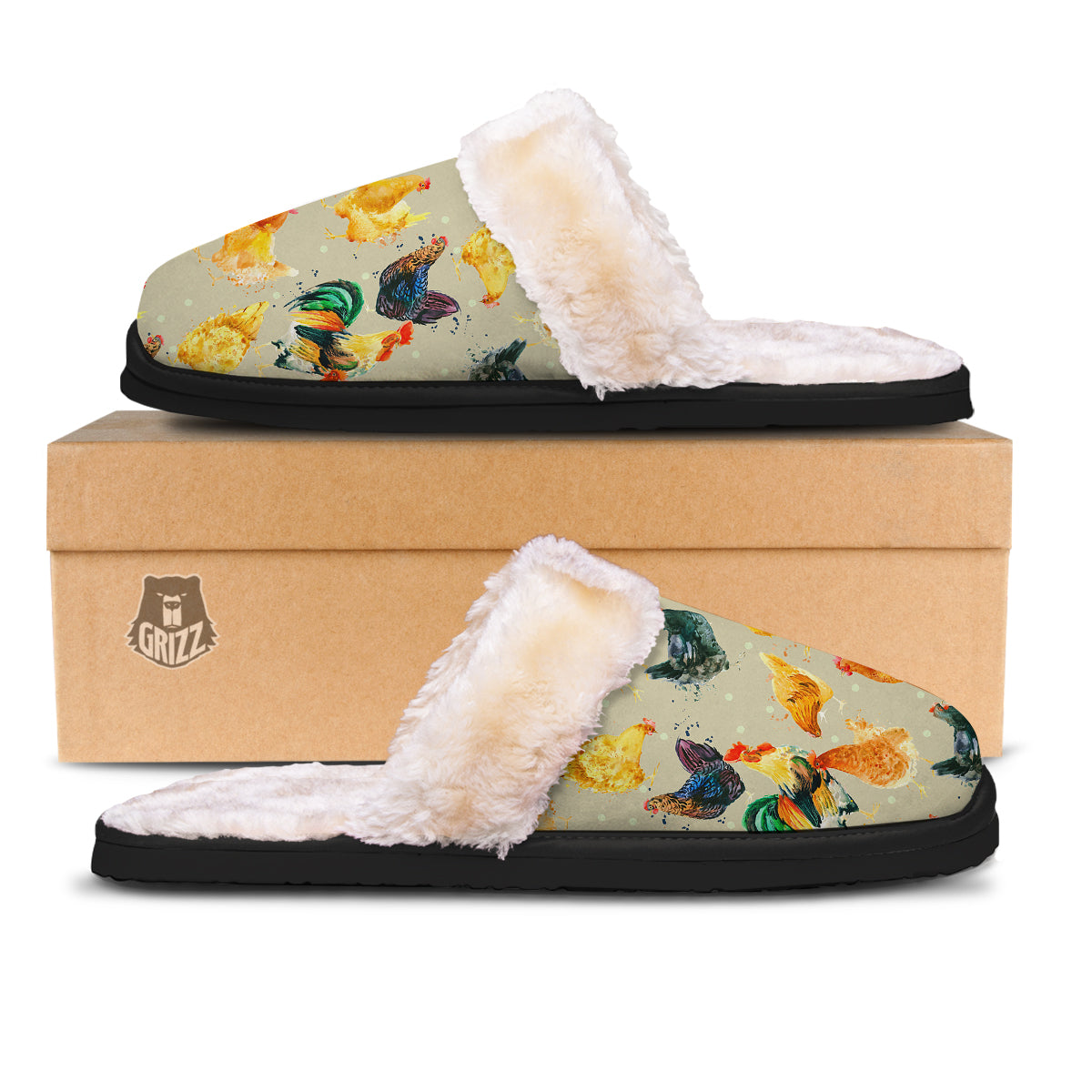 Rooster Watercolor Print Pattern Slippers-grizzshop
