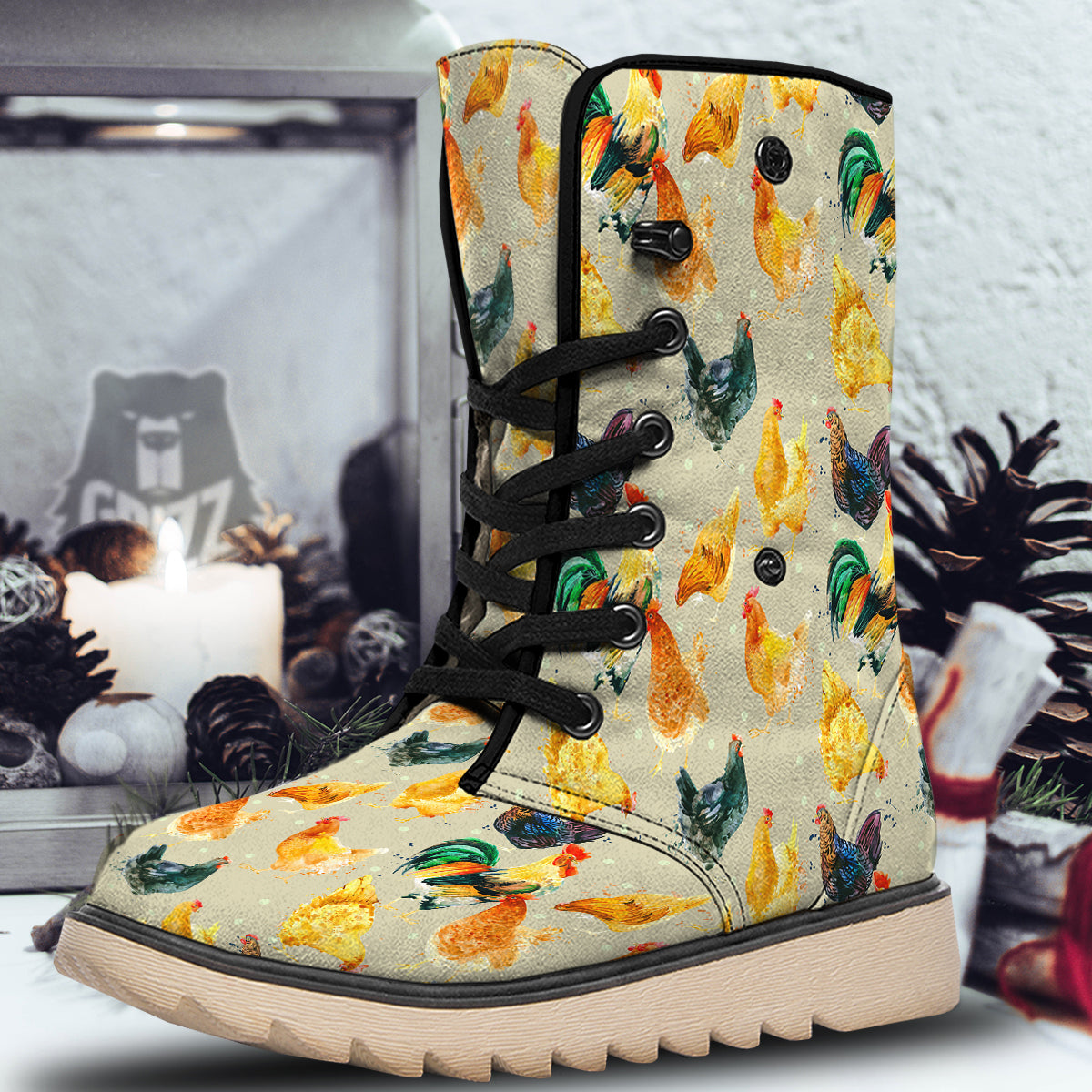 Rooster Watercolor Print Pattern Snow Boots-grizzshop