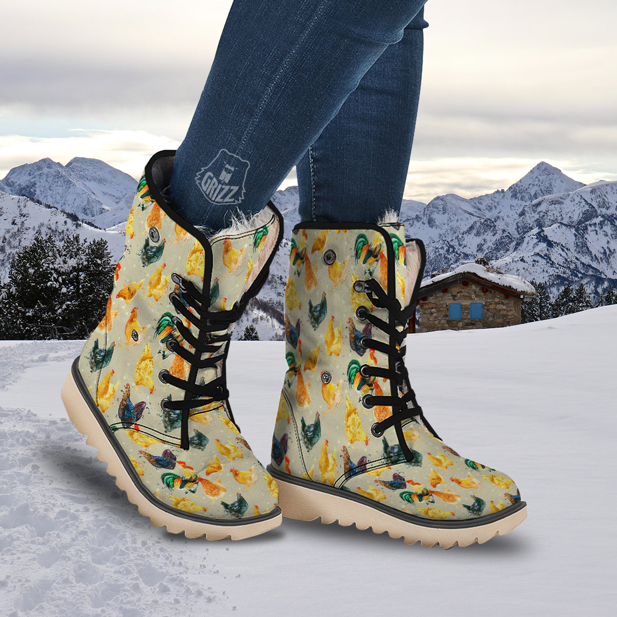 Rooster Watercolor Print Pattern Snow Boots-grizzshop