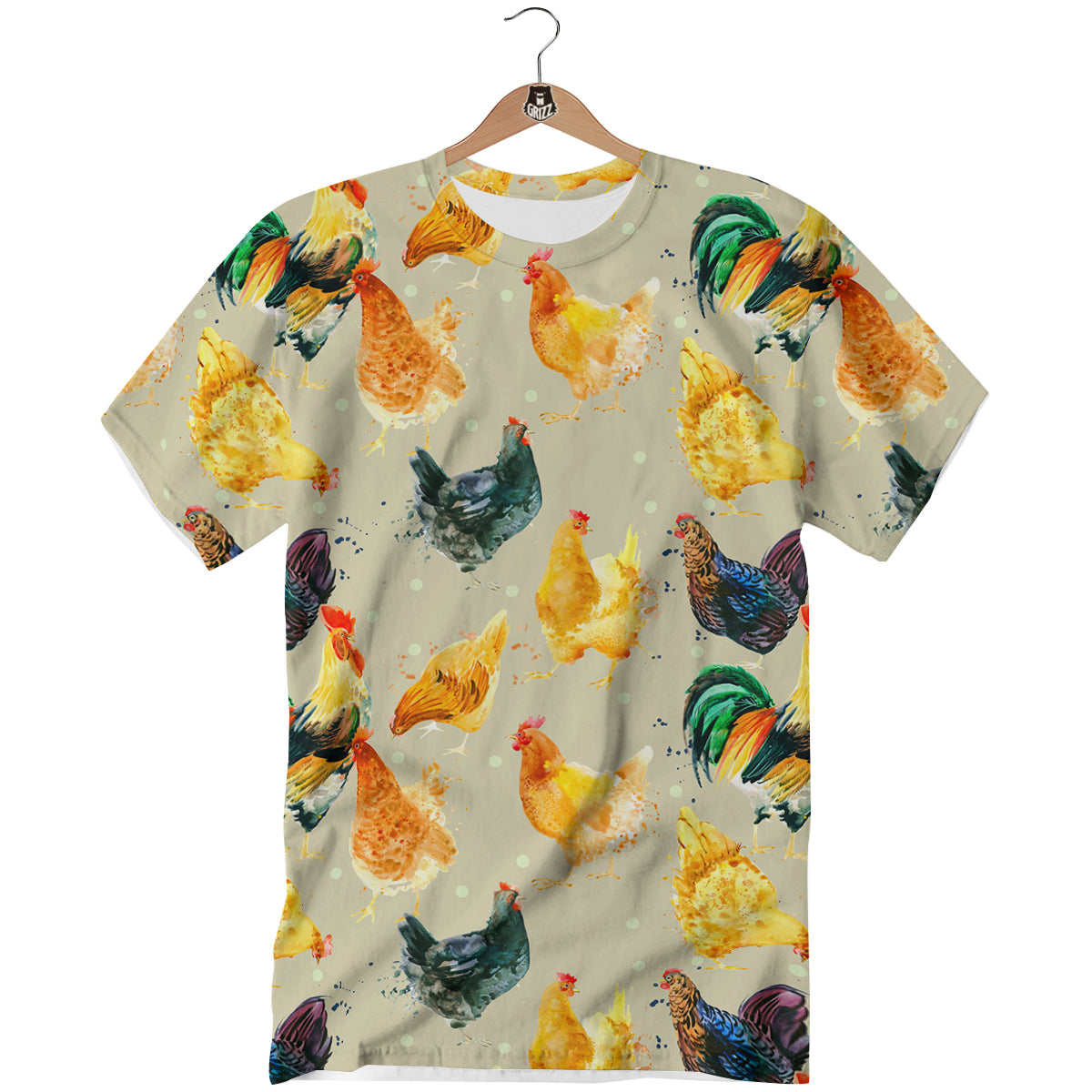 Rooster Watercolor Print Pattern T-Shirt-grizzshop