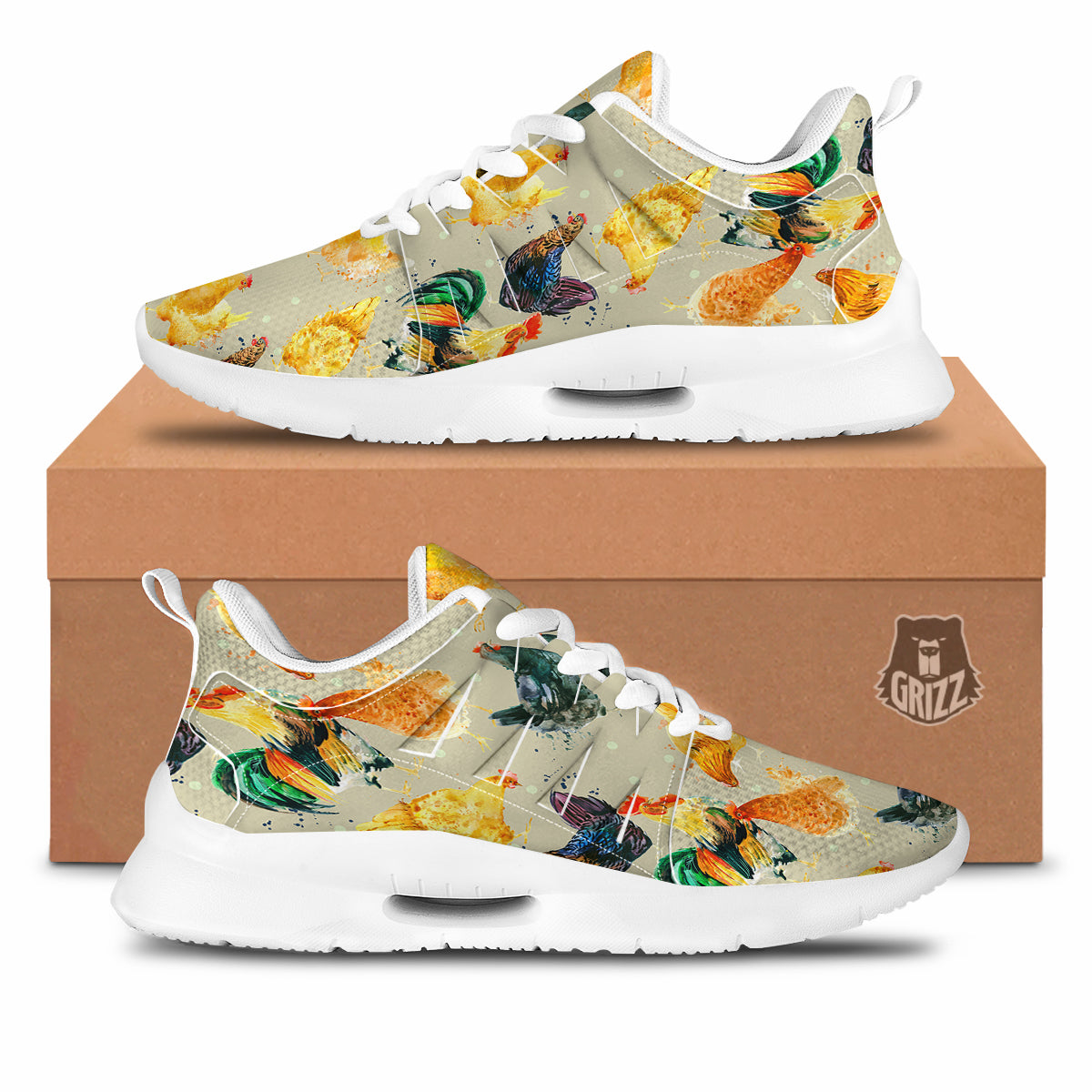 Rooster Watercolor Print Pattern Tennis Shoes-grizzshop
