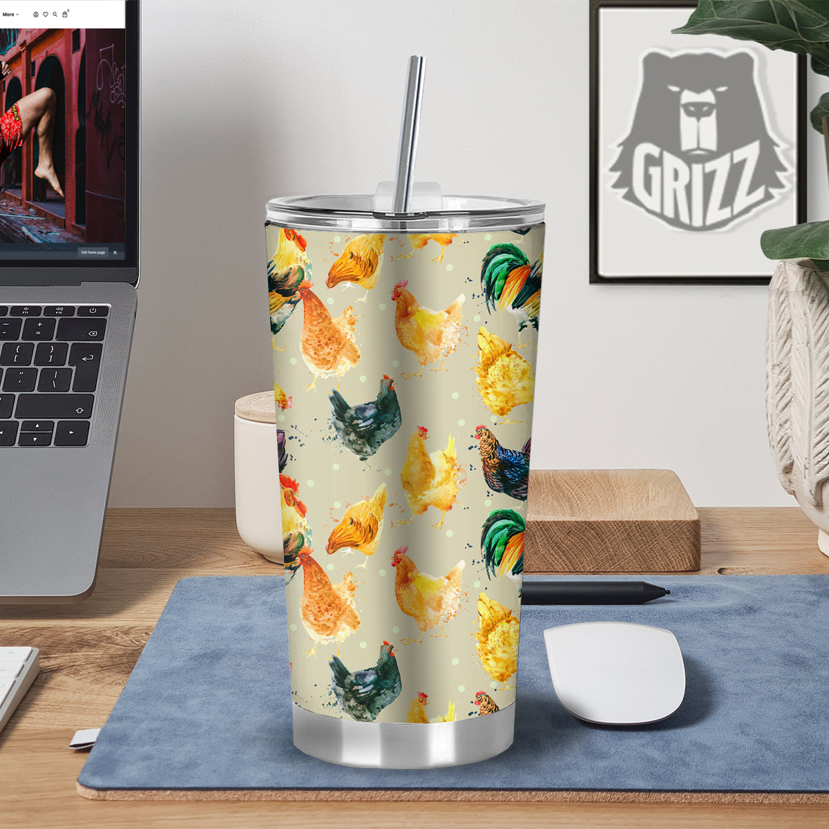 Rooster Watercolor Print Pattern Tumbler-grizzshop