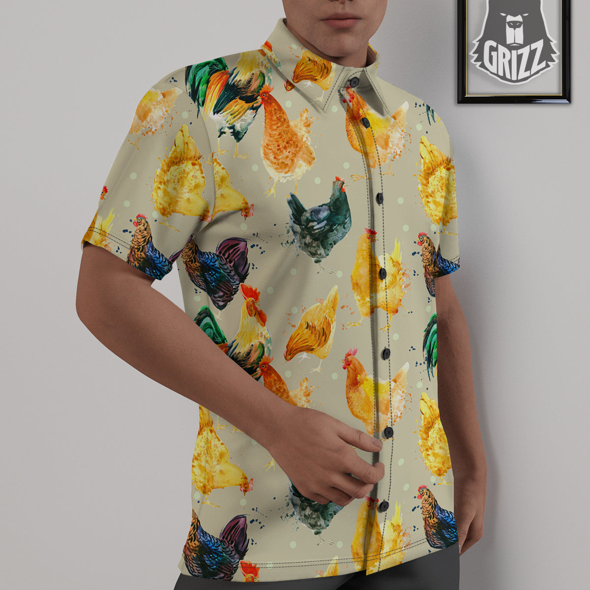 Rooster Watercolor Print Pattern Untucked Shirts-grizzshop