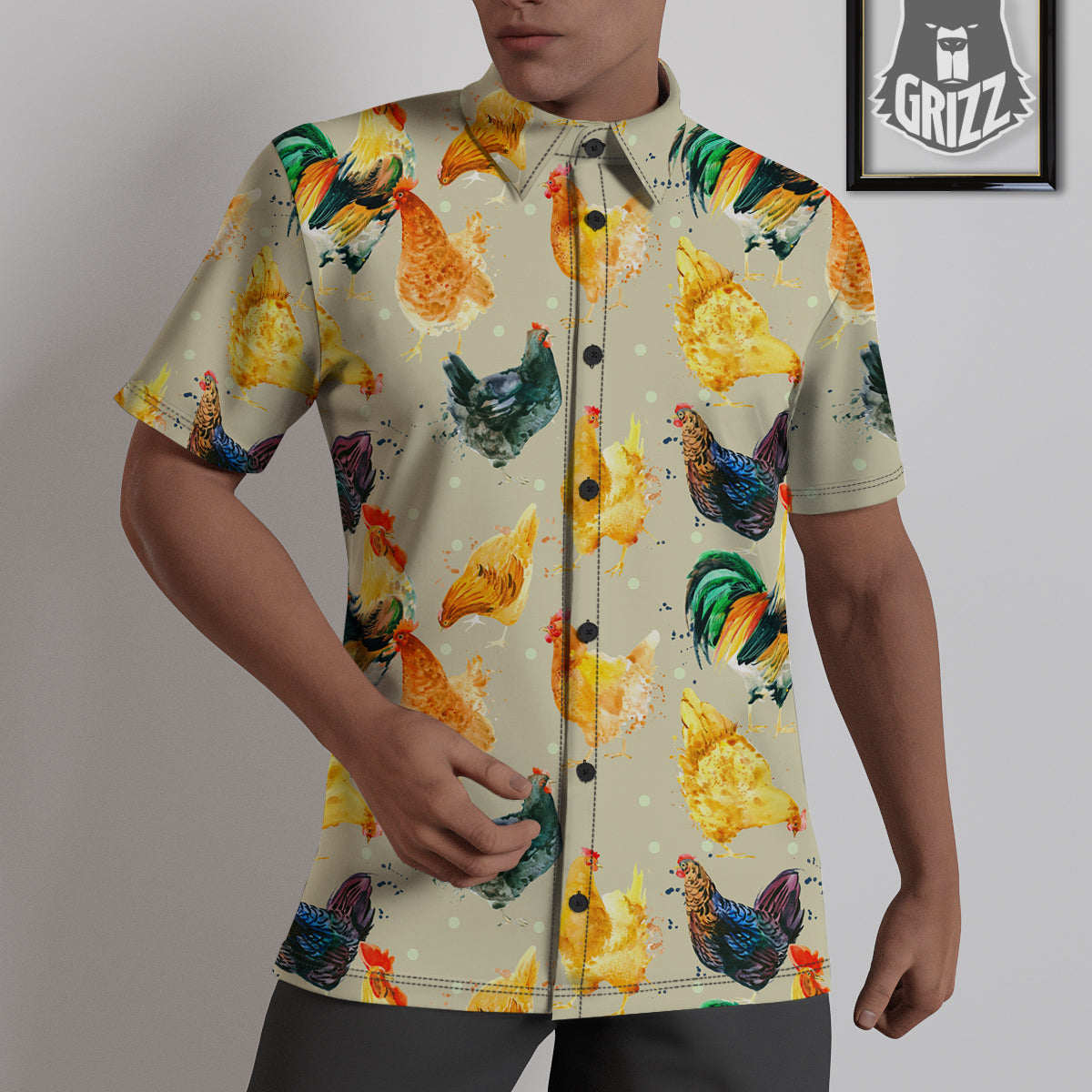 Rooster Watercolor Print Pattern Untucked Shirts-grizzshop