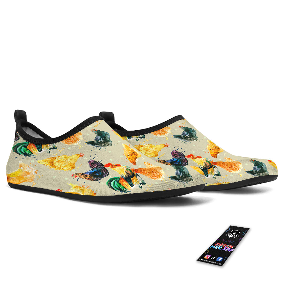 Rooster Watercolor Print Pattern Water Shoes-grizzshop