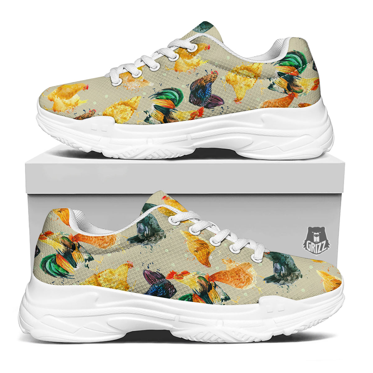 Rooster Watercolor Print Pattern White Chunky Shoes-grizzshop