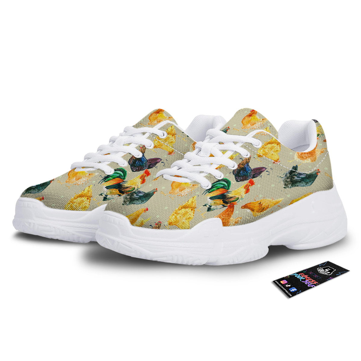 Rooster Watercolor Print Pattern White Chunky Shoes-grizzshop