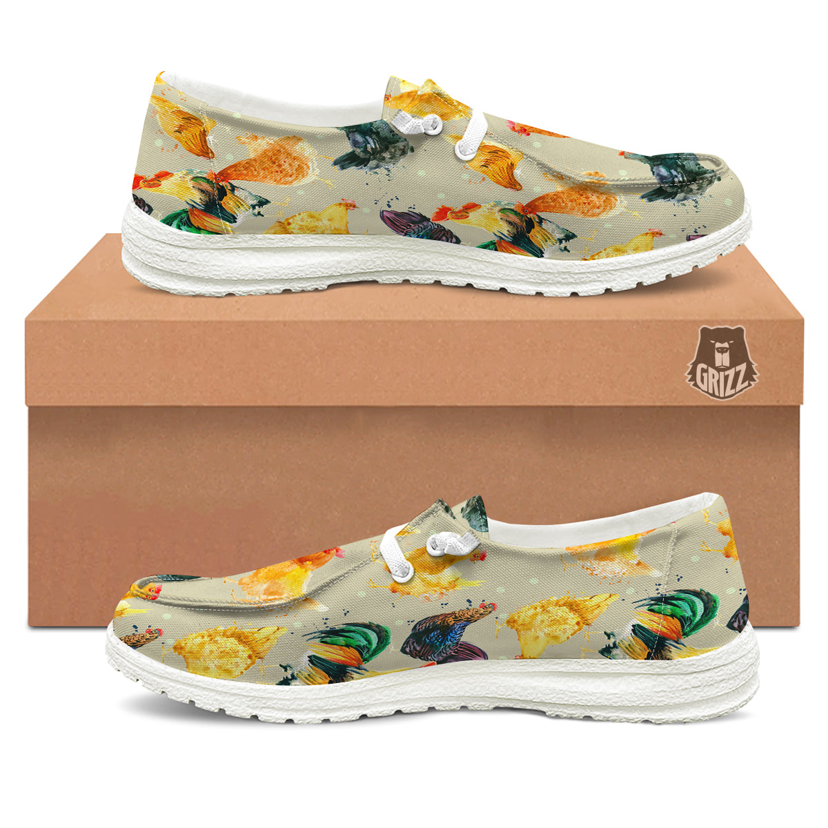Rooster Watercolor Print Pattern White Loafers-grizzshop