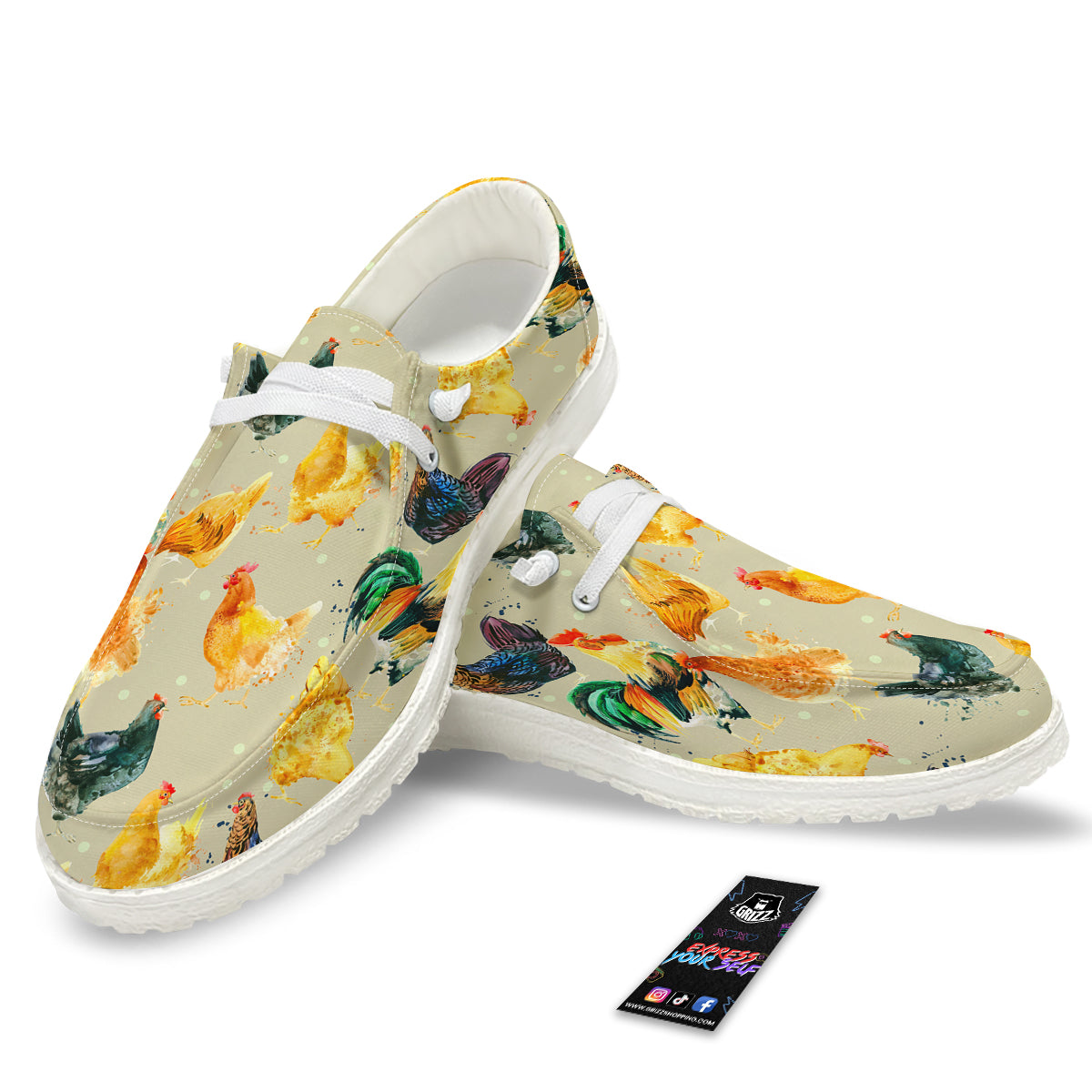 Rooster Watercolor Print Pattern White Loafers-grizzshop
